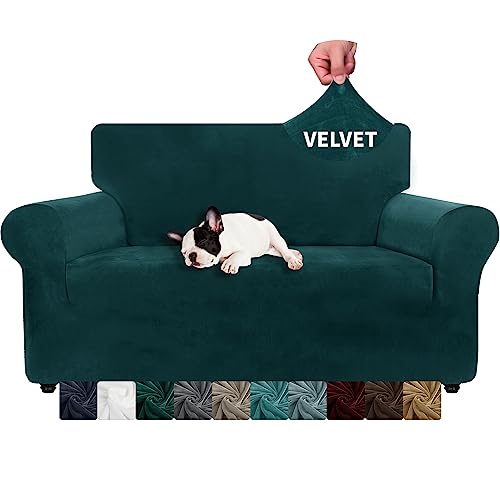 XINEAGE Samt Sofaüberzug 2 Sitzer, Stretch Sofa überzug für Wohnzimmer, Dicke Weiche Sofaüberwurf, Rutschfester Sofa Cover für Hunde, Haustiere (2 Sitzer, Dunkelgrün) von XINEAGE