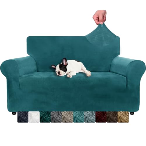 XINEAGE Samt Sofaüberzug 2 Sitzer, Stretch Sofa überzug für Wohnzimmer, Dicke Weiche Sofaüberwurf, Rutschfester Sofa Cover für Hunde, Haustiere (2 Sitzer, Tealblau) von XINEAGE