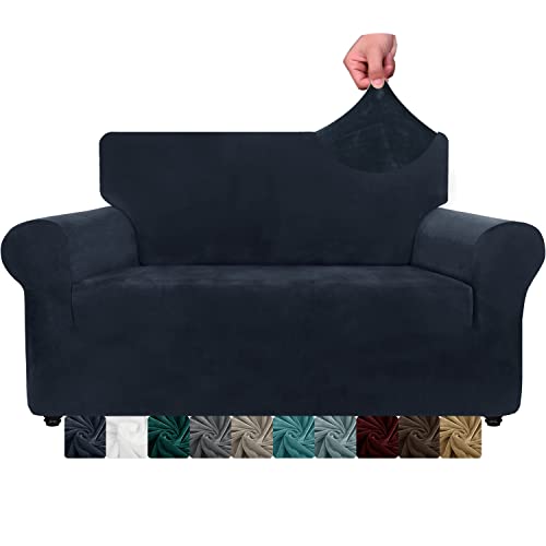 XINEAGE Samt Sofaüberzug 2 Sitzer, Stretch Sofa überzug für Wohnzimmer, Dicke Weiche Sofaüberwurf, Rutschfester Sofa Cover für Hunde, Haustiere (2 Sitzer, Dunkelblau) von XINEAGE