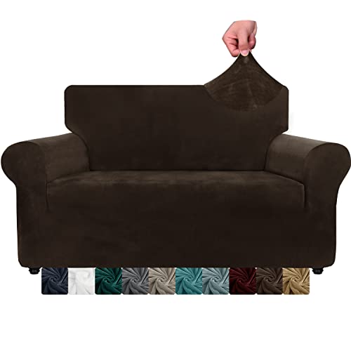 XINEAGE Samt Sofaüberzug 2 Sitzer, Stretch Sofa überzug für Wohnzimmer, Dicke Weiche Sofaüberwurf, Rutschfester Sofa Cover für Hunde, Haustiere (2 Sitzer, Dunkel Kaffee) von XINEAGE