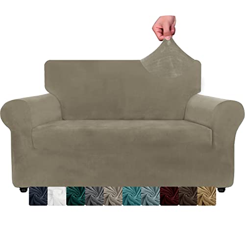 XINEAGE Samt Sofaüberzug 2 Sitzer, Stretch Sofa überzug für Wohnzimmer, Dicke Weiche Sofaüberwurf, Rutschfester Sofa Cover für Hunde, Haustiere (2 Sitzer, Khaki) von XINEAGE