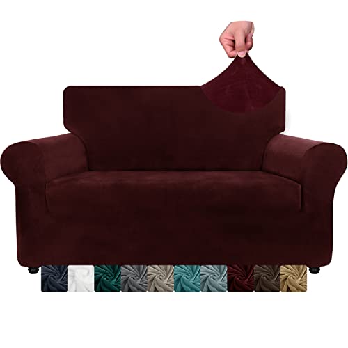 XINEAGE Samt Sofaüberzug 2 Sitzer, Stretch Sofa überzug für Wohnzimmer, Dicke Weiche Sofaüberwurf, Rutschfester Sofa Cover für Hunde, Haustiere (2 Sitzer, Weinrot) von XINEAGE