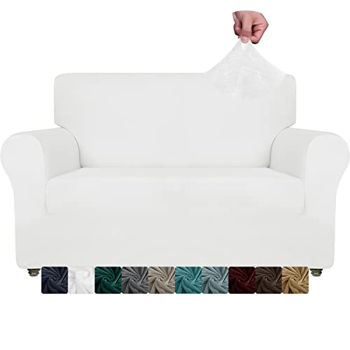 XINEAGE Samt Sofaüberzug 2 Sitzer, Stretch Sofa überzug für Wohnzimmer, Dicke Weiche Sofaüberwurf, Rutschfester Sofa Cover für Hunde, Haustiere (2 Sitzer, Weiß) von XINEAGE