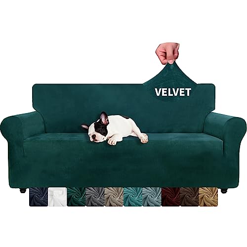 XINEAGE Thick Velvet Sofabezüge 3-Sitzer Super Stretch rutschfeste Couchbezug für Hunde Katze Haustierfreundlich 1-teilige elastische Möbel Protector Plüsch Sofa Schonbezüge (3 Sitzer, Dunkelgrün) von XINEAGE