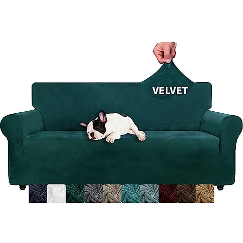 XINEAGE Samt Sofaüberzug 3 Sitzer, Stretch Sofa überzug für Wohnzimmer, Dicke Weiche Sofaüberwurf, Rutschfester Sofa Cover für Hunde, Haustiere (3 Sitzer, Dunkelgrün) von XINEAGE