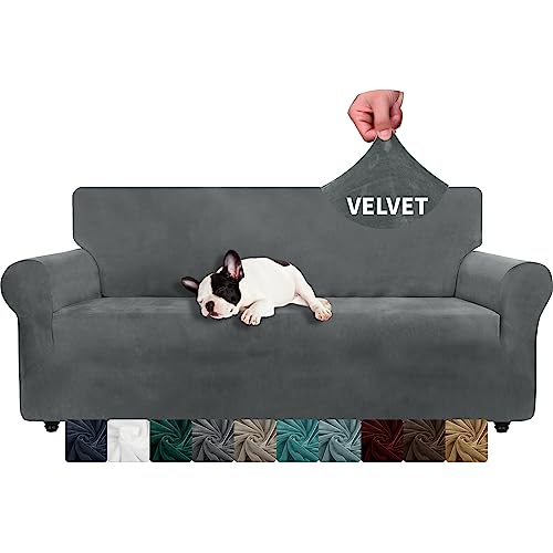 XINEAGE Samt Sofaüberzug 3 Sitzer, Stretch Sofa überzug für Wohnzimmer, Dicke Weiche Sofaüberwurf, Rutschfester Sofa Cover für Hunde, Haustiere (3 Sitzer, Grau) von XINEAGE