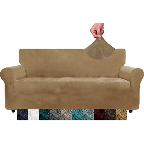 XINEAGE Samt Sofaüberzug 3 Sitzer, Stretch Sofa überzug für Wohnzimmer, Dicke Weiche Sofaüberwurf, Rutschfester Sofa Cover für Hunde, Haustiere (3 Sitzer, Kamel) von XINEAGE