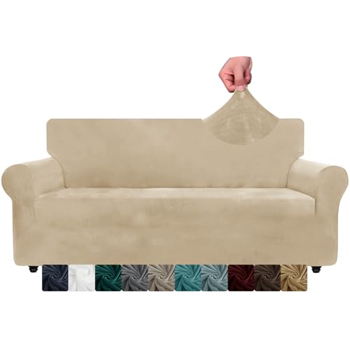XINEAGE Samt Sofaüberzug 3 Sitzer, Stretch Sofa überzug für Wohnzimmer, Dicke Weiche Sofaüberwurf, Rutschfester Sofa Cover für Hunde, Haustiere (3 Sitzer, Kamel) von XINEAGE