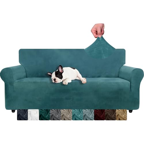 XINEAGE Samt Sofaüberzug 3 Sitzer, Stretch Sofa überzug für Wohnzimmer, Dicke Weiche Sofaüberwurf, Rutschfester Sofa Cover für Hunde, Haustiere (3 Sitzer, Tealblau) von XINEAGE