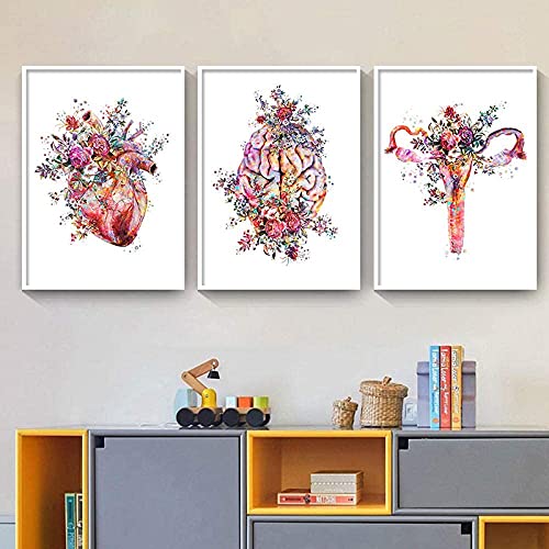 Leinwand Malerei Aquarell Anatomie Blumen Herz Wirbelsäule Wandkunst Poster und Drucke Wandbilder Arzt klinisches Dekor kein Rahmen Bild (A3,3x30x40cm) von XINGCI