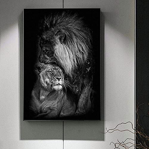 XINGCI Leinwand Gemälde Afrikanischer männlicher Löwe und Löwin Modern Schwarz Weiß Kunst Poster Drucke Tiere Wandkunst Bilder Schlafzimmer Wohnkultur Rahmenlos (60x80cm) von XINGCI