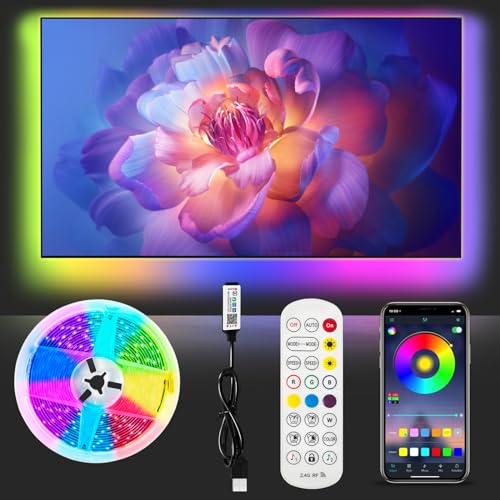 XINGGANG LED TV Hintergrundbeleuchtung, 5M LED Streifen RGBIC LED Fernseher Beleuchtung für 75 bis 85 Zoll TV und PC, mit App-Steuerung und Upgrade 2.4G RF Fernbedienung, Music Sync, USB betrieben von XINGGANG