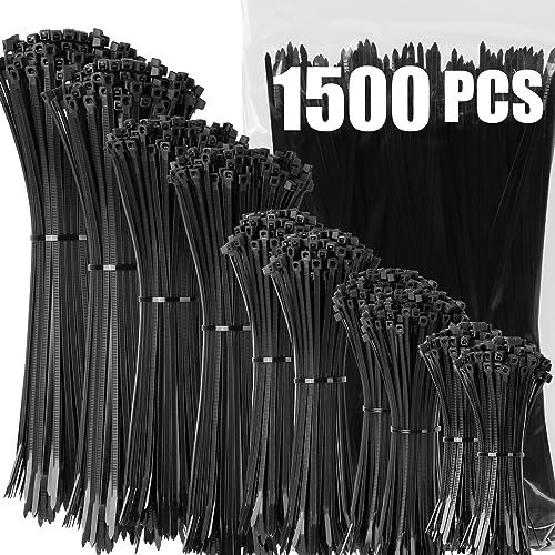 XINGO 1500 Stück Kabelbinder Schwarz Set, 100/150/200/300 mm(je 300 Stück), UV Beständig Nylon Verschiedene Größen Super Haltbar Selbsthemmend Kabelbinder für Zuhause, Büro, Garten und Werkstatt von XINGO