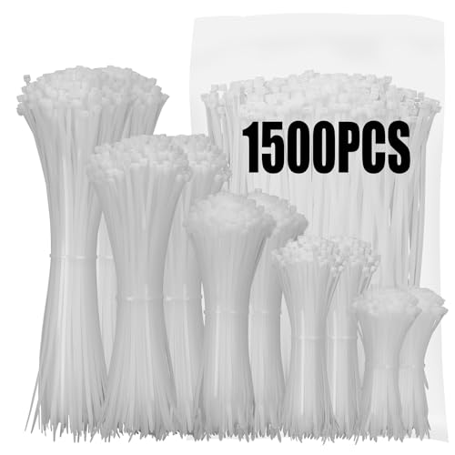 XINGO 1500 Stück Kabelbinder Weiß Set, 100/150/200/300 mm(je 300 Stück), UV Beständig Nylon Verschiedene Größen Super Haltbar Selbsthemmend Kabelbinder für Zuhause, Büro, Garten und Werkstatt von XINGO