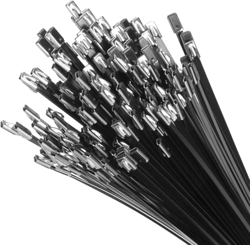 XINGO 20,3 cm schwarze Metall-Kabelbinder (200 Stück), 304 Edelstahl, robuste Kabelbinder, 136 kg Zugfestigkeit, selbstsichernde Mehrzweck-Kabelbinder für Auspuffwickel, Outdoor und Baldachin usw von XINGO