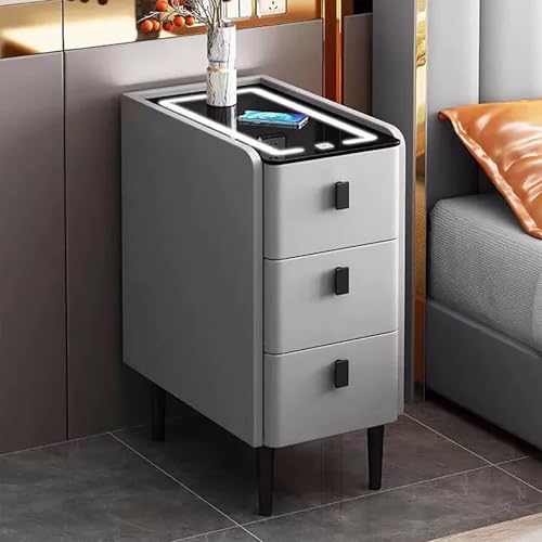 Intelligenter Nachttisch Mit 3-Farbiger LED-Umgebungsbeleuchtung Und Kabelloser Ladestation Moderner Nachttisch Aus Leder Mit 3 Großen Schubladen Schubladen Aus Massivholz(Gray,35cm/13.8in) von XINGYAOXS