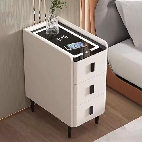 Intelligenter Nachttisch Mit 3-Farbiger LED-Umgebungsbeleuchtung Und Kabelloser Ladestation Moderner Nachttisch Aus Leder Mit 3 Großen Schubladen Schubladen Aus Massivholz(White,25cm/9.8in) von XINGYAOXS
