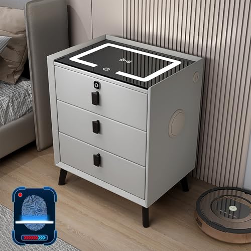 Moderner Nachttisch mit USB-Anschluss, intelligenter Nachttisch für Schlafzimmer mit Schloss mit Fingerabdruck und verstellbaren LED-Lichtern, kabellose Ladestation und Lautsprecher (hellgrau, 45 cm) Moderner Nachttisch mit USB-Anschluss, intelligenter Nachttisch für Schlafzimmer mit Schloss mit Fingerabdruck und verstellbaren LED-Lichtern, kabellose Ladestation und Lautsprecher (hellgrau, 45 cm) von XINGYAOXS