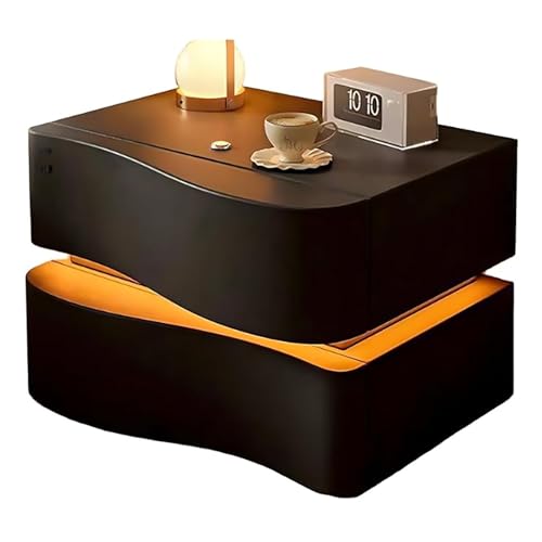 Nachttisch Aus Massivholz In Wellenform Modern Nachttisch Mit LED-Licht Leder Nachttisch Mit 2 Schubladen Beistelltisch Für Schlafzimmer Und Wohnzimmer(Black,50cm/19.7in) von XINGYAOXS