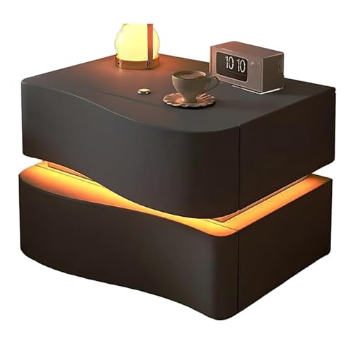 Nachttisch Aus Massivholz In Wellenform Modern Nachttisch Mit LED Licht Leder Nachttisch Mit 2 Schubladen Beistelltisch Für Schlafzimmer Und Wohnzimmer(Dunkel Gray,45cm/17.7in) von XINGYAOXS