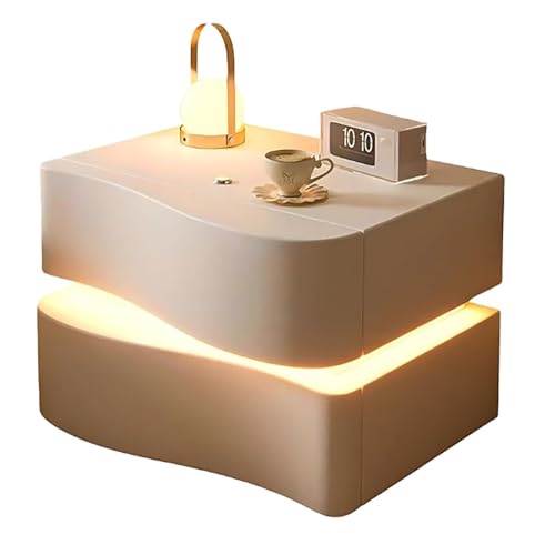 Nachttisch Aus Massivholz In Wellenform Modern Nachttisch Mit LED-Licht Leder Nachttisch Mit 2 Schubladen Beistelltisch Für Schlafzimmer Und Wohnzimmer(Khaki,45cm/17.7in) von XINGYAOXS