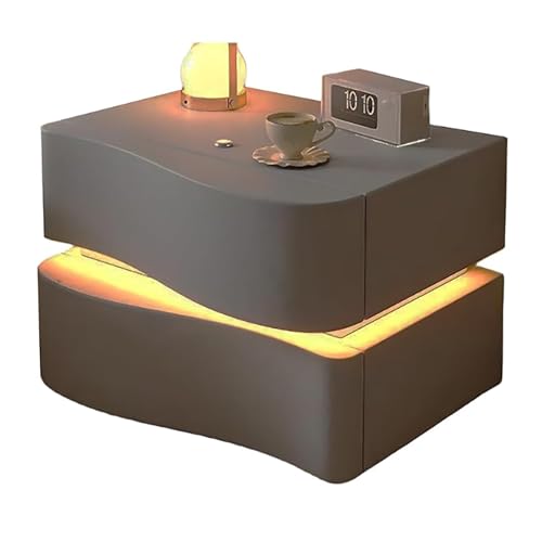Nachttisch Aus Massivholz In Wellenform Modern Nachttisch Mit LED Licht Leder Nachttisch Mit 2 Schubladen Beistelltisch Für Schlafzimmer Und Wohnzimmer(Light Gray,45cm/17.7in) von XINGYAOXS