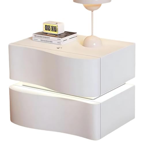 Nachttisch Aus Massivholz In Wellenform Modern Nachttisch Mit LED Licht Leder Nachttisch Mit 2 Schubladen Beistelltisch Für Schlafzimmer Und Wohnzimmer(White,45cm/17.7in) von XINGYAOXS