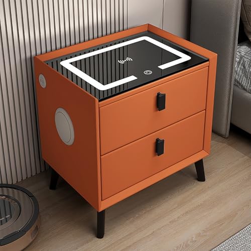 Nachttisch Für Im Schlafzimmer Intelligente Nachttisch Mit Drahtloser Auflade/2 USB-Ports Und LED Beleuchtung Bluetooth Lautsprecher Beistelltisch Mit Schubladen Für Schlafzimmer Wohnzimmer(Orange) von XINGYAOXS