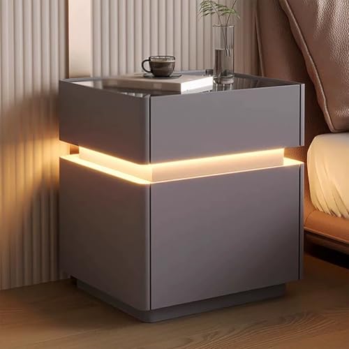 Nachttisch Für Schlafzimmer Mit Ambientebeleuchtung LED Intelligenter Nachttisch Mit Schloss Fingerabdruck Moderner Minimalistischer Seitentisch Mit 3 Schubladen (Dark Gray,40 cm/15.7in) von XINGYAOXS