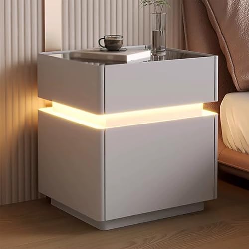 Nachttisch Für Schlafzimmer Mit Ambientebeleuchtung LED Intelligenter Nachttisch Mit Schloss Fingerabdruck Moderner Minimalistischer Seitentisch Mit 3 Schubladen (Hellgrau, 50 cm/19.7in) von XINGYAOXS