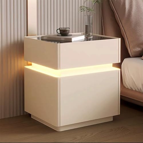 Nachttisch Für Schlafzimmer Mit Ambientebeleuchtung LED Intelligenter Nachttisch Mit Schloss Fingerabdruck Moderner Minimalistischer Seitentisch Mit 3 Schubladen (Khaki,50cm/19.7in) von XINGYAOXS