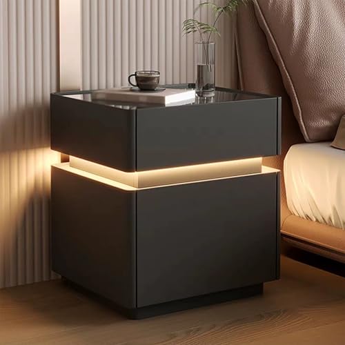 Nachttisch für Schlafzimmer mit Ambientebeleuchtung, LED, intelligenter Nachttisch mit Schloss, Fingerabdruck, moderner und minimalistischer Seitentisch mit 3 Schubladen (Schwarz, 50 cm/19,7 Zoll) von XINGYAOXS