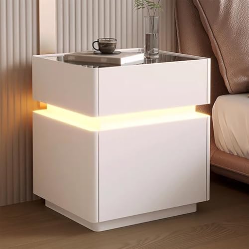 Nachttisch für Schlafzimmer mit Ambientebeleuchtung, LED, intelligenter Nachttisch mit Schloss, Fingerabdruck, moderner und minimalistischer Seitentisch mit 3 Schubladen (Weiß, 50 cm) von XINGYAOXS