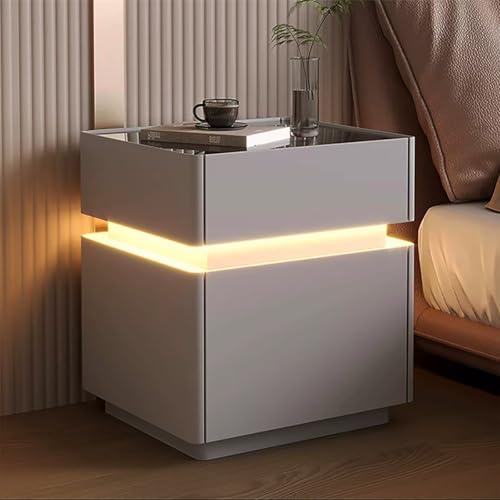 Smartbedroom Nachttisch mit Ladestation, moderner Couchtisch mit Fingerabdruckblock, mit 3 Schubladen, Nachttisch mit 3 Modi, LED-Beleuchtung für Schlafzimmer, Hellgrau, 40 cm Smartbedroom Nachttisch mit Ladestation, moderner Couchtisch mit Fingerabdruckblock, mit 3 Schubladen, Nachttisch mit 3 Modi, LED-Beleuchtung für Schlafzimmer, Hellgrau, 40 cm von XINGYAOXS