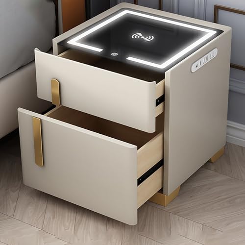 XINGYAOXS Intelligenter Nachttisch mit kabellosem Aufladen, Nachttisch für Schlafzimmer mit doppelten Schubladen und 3-farbiger LED-Beleuchtung, Design mit doppelter USB-Ladefunktion (Beige, 50 cm XINGYAOXS Intelligenter Nachttisch mit kabellosem Aufladen, Nachttisch für Schlafzimmer mit doppelten Schubladen und 3-farbiger LED-Beleuchtung, Design mit doppelter USB-Ladefunktion (Beige, 50 cm von XINGYAOXS
