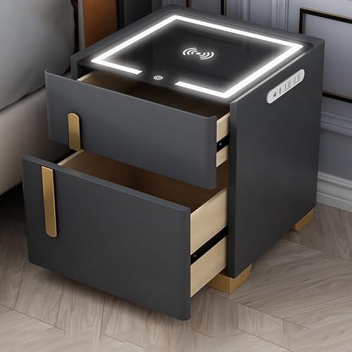 XINGYAOXS Intelligenter Nachttisch mit kabellosem Aufladen, Nachttisch für Schlafzimmer mit doppelten Schubladen und 3-farbiger LED-Beleuchtung, Design mit doppelter USB-Ladefunktion (Dark Gray, 40 cm XINGYAOXS Intelligenter Nachttisch mit kabellosem Aufladen, Nachttisch für Schlafzimmer mit doppelten Schubladen und 3-farbiger LED-Beleuchtung, Design mit doppelter USB-Ladefunktion (Dark Gray, 40 cm von XINGYAOXS