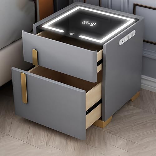 XINGYAOXS Intelligenter Nachttisch mit kabellosem Aufladen, Nachttisch für Schlafzimmer mit doppelten Schubladen und 3-farbiger LED-Beleuchtung, Design mit doppelter USB-Ladefunktion (hellgrau, 40 cm) XINGYAOXS Intelligenter Nachttisch mit kabellosem Aufladen, Nachttisch für Schlafzimmer mit doppelten Schubladen und 3-farbiger LED-Beleuchtung, Design mit doppelter USB-Ladefunktion (hellgrau, 40 cm) von XINGYAOXS