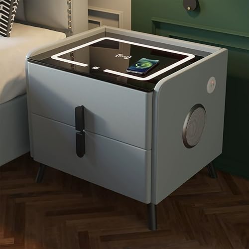 XINGYAOXS Intelligenter Nachttisch mit kabelloser Ladestation und Lautsprecher, Nachttisch für Schlafzimmer, mit 2 Schubladen und USB-Ladeanschluss, Struktur aus Massivholz, hellgrau, 40 cm XINGYAOXS Intelligenter Nachttisch mit kabelloser Ladestation und Lautsprecher, Nachttisch für Schlafzimmer, mit 2 Schubladen und USB-Ladeanschluss, Struktur aus Massivholz, hellgrau, 40 cm von XINGYAOXS