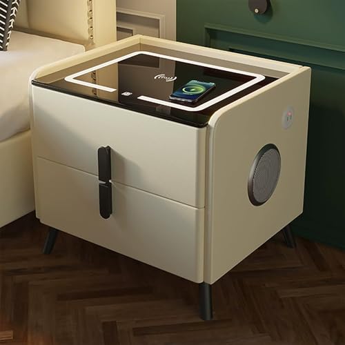 XINGYAOXS Intelligenter Nachttisch mit kabelloser Ladestation und Lautsprecher, Nachttisch für Schlafzimmer, mit 2 Schubladen und USB-Ladeanschluss, Struktur aus Massivholz (Beige, 40 cm/15,7 Zoll) von XINGYAOXS