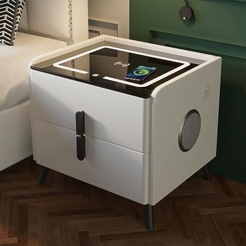 XINGYAOXS Intelligenter Nachttisch mit kabelloser Ladestation und Lautsprecher, Nachttisch für Schlafzimmer, mit 2 Schubladen und USB-Ladeanschluss, Struktur aus Massivholz (Weiß, 50 cm/19,7 Zoll) von XINGYAOXS