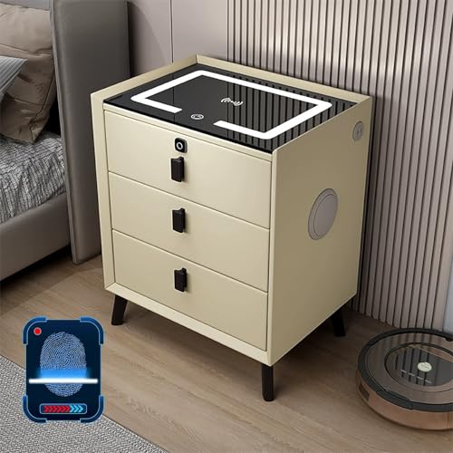 XINGYAOXS Moderner Nachttisch mit USB-Anschluss, intelligenter Nachttisch für Schlafzimmer mit Schloss mit Fingerabdruck und verstellbaren LED-Lichtern, kabellose Ladestation und Lautsprecher (Beige XINGYAOXS Moderner Nachttisch mit USB-Anschluss, intelligenter Nachttisch für Schlafzimmer mit Schloss mit Fingerabdruck und verstellbaren LED-Lichtern, kabellose Ladestation und Lautsprecher (Beige von XINGYAOXS