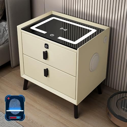XINGYAOXS Nachttisch mit Schublade mit Schloss für Fingerabdrücke, intelligenter Nachttisch mit kabellosem Laden/2 USB-Anschlüssen und LED-Lichtern, Seitentisch mit Bluetooth-Lautsprecher (Beige, 45 XINGYAOXS Nachttisch mit Schublade mit Schloss für Fingerabdrücke, intelligenter Nachttisch mit kabellosem Laden/2 USB-Anschlüssen und LED-Lichtern, Seitentisch mit Bluetooth-Lautsprecher (Beige, 45 von XINGYAOXS