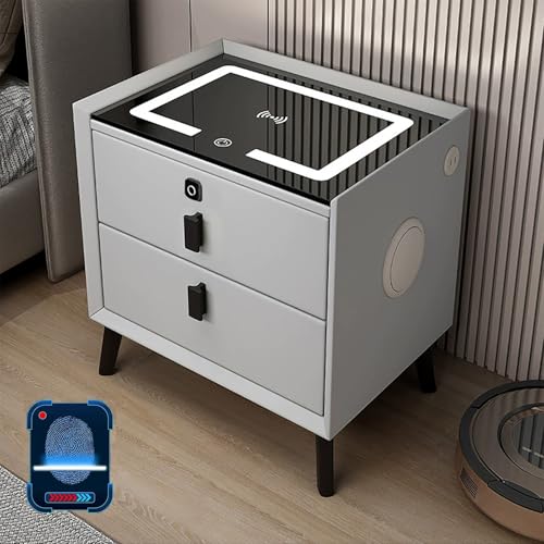 XINGYAOXS Nachttisch mit Schublade mit Schloss für Fingerabdrücke, intelligenter Nachttisch mit kabellosem Laden/2 USB-Anschlüssen und LED-Lichtern, Seitentisch mit Bluetooth-Lautsprecher (Grau, 40 cm XINGYAOXS Nachttisch mit Schublade mit Schloss für Fingerabdrücke, intelligenter Nachttisch mit kabellosem Laden/2 USB-Anschlüssen und LED-Lichtern, Seitentisch mit Bluetooth-Lautsprecher (Grau, 40 cm von XINGYAOXS