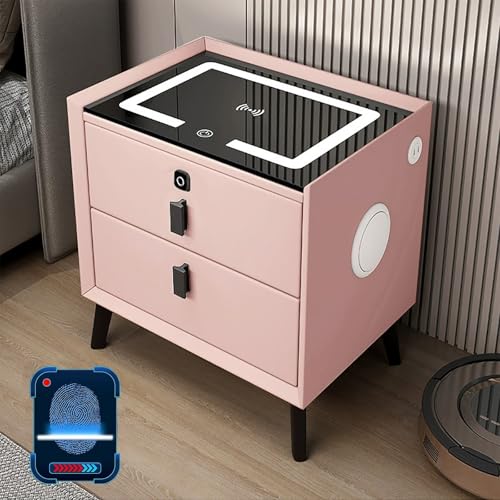 XINGYAOXS Nachttisch mit Schublade mit Schloss für Fingerabdrücke, intelligenter Nachttisch mit kabellosem Laden/2 USB-Anschlüssen und LED-Lichtern, Seitentisch mit Bluetooth-Lautsprecher (Pink,45 cm XINGYAOXS Nachttisch mit Schublade mit Schloss für Fingerabdrücke, intelligenter Nachttisch mit kabellosem Laden/2 USB-Anschlüssen und LED-Lichtern, Seitentisch mit Bluetooth-Lautsprecher (Pink,45 cm von XINGYAOXS