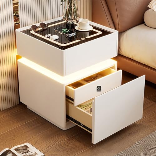 XINGYAOXS Smartbedroom Nachttisch mit Ladestation, moderner Couchtisch mit Fingerabdruckblock, mit 3 Schubladen, Nachttisch mit 3 Modi, LED-Beleuchtung, für Schlafzimmer und Bett (weiß, 50 cm) von XINGYAOXS