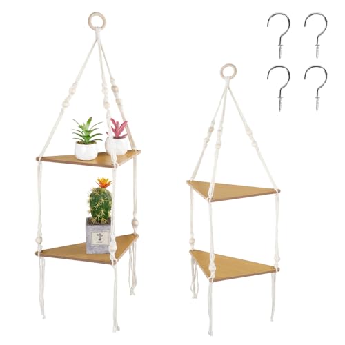 XINGYATU Makramee Regal Wandregal Holz Wand Regal Makrame Hängeregal Boho Schaukel Pflanzenständer Wohnzimmer Schlafzimmer,Makramee-Regale, Holzseilregale 2er Set mit 4 Haken von XINGYATU
