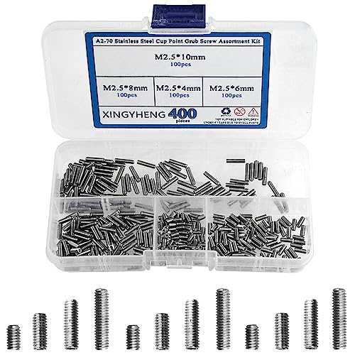 BGTXINGI 400pcs M2,5 x 4/6/8/10 mm A2–70 Edelstahl Cup Point Gewindestift Set Allen Kopf Innensechskant Schraube Sortiment Kit (DIN 916 & GB80) von XINGYHENG