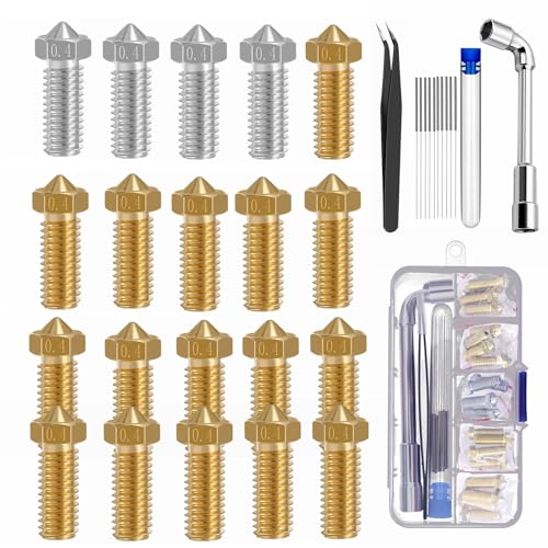 3D Drucker DÜSe 3D Drucker Teile 0,4 mm DÜSen Nozzle Extruder Druckkopf für Volcano Anycubic Vyper Kobra Max Artillery Phaetus Rapido Kobra 2... (Edelstahl+ Messing-20pcs 0,4 mm Größe kit) von XINKYD