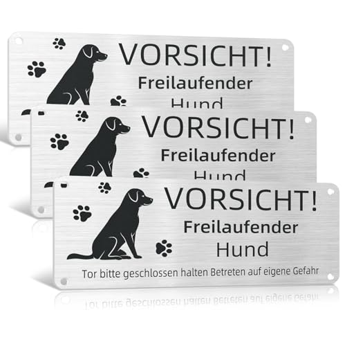 Vorsicht Freilaufender Hund, 25x 10cm Achtung Hund Schild,Betreten auf Eigene Gefahr Schild Schild Warnung vor Dem Hund,Warnschild Hund Aluminium mit Selbstklebend und Vorgebohrten Löchern (3) von XINKYD