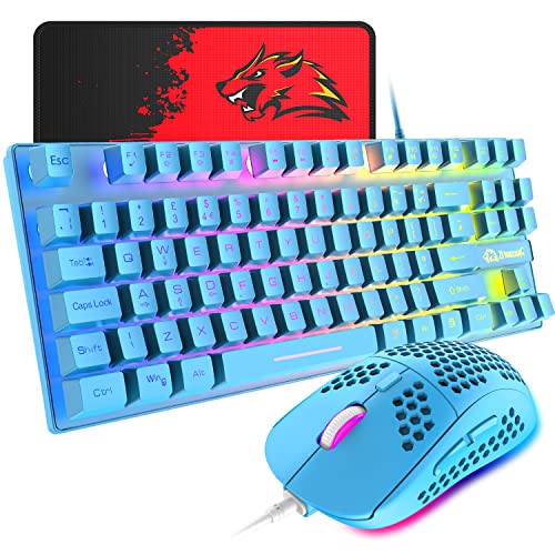 Gaming-Tastatur und -Maus, 88-Tasten-USB-Tastatur mit Hintergrundbeleuchtung in Regenbogenfarbe + programmierbare ultraleichte Gaming-Maus mit 6400 DPI für Computer PC PS4 PS5 Laptop Mac (blau) von XINMENG